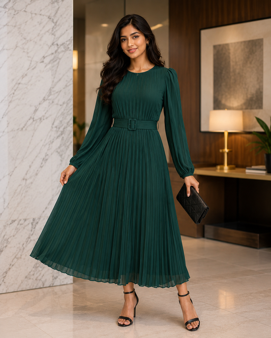 Emerald Grace Pleated Dress