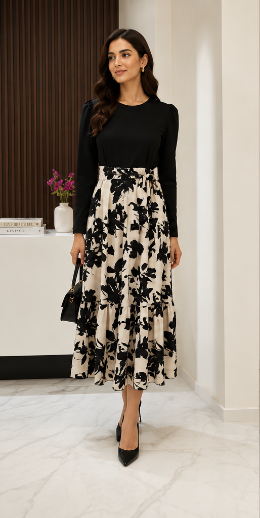 Elegant Floral Print Long Sleeve Dress